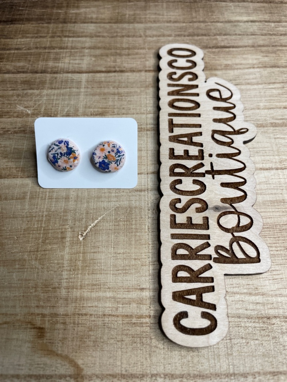 Floral Round Button Earrings — White, Blue & Orange